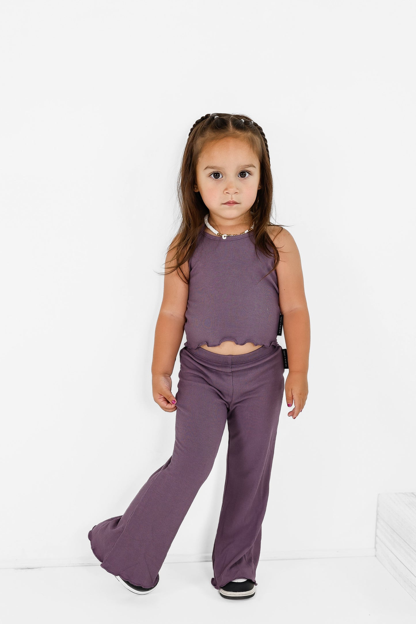 BAMBOO RIBBED LETTUCE TRIM HALTER TOP - PLUM