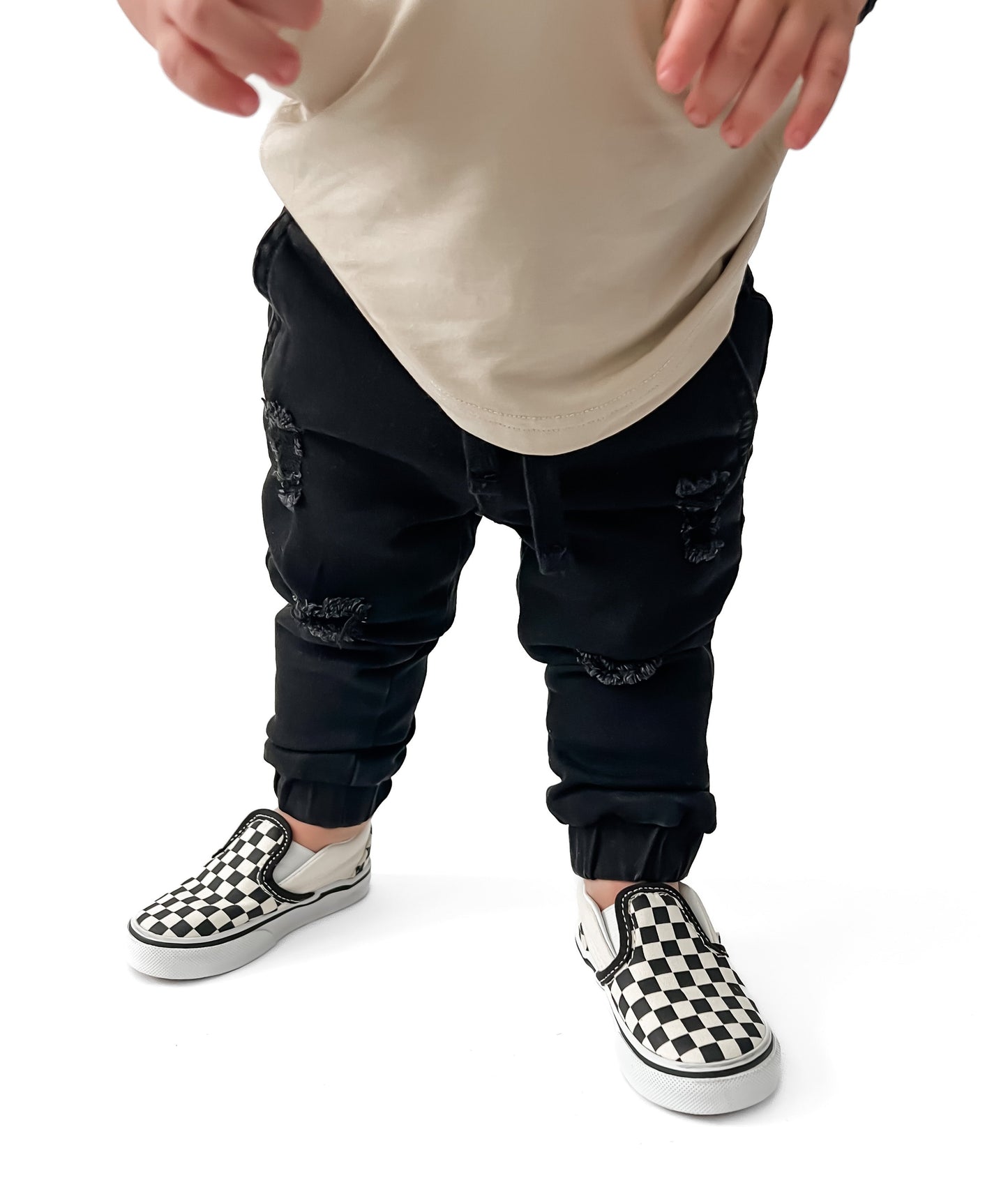 DISTRESSED BLACK DENIM CHINO JOGGERS