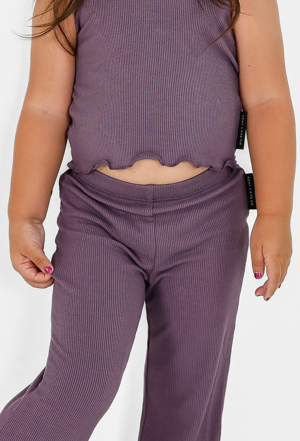 BAMBOO RIBBED LETTUCE TRIM HALTER TOP - PLUM