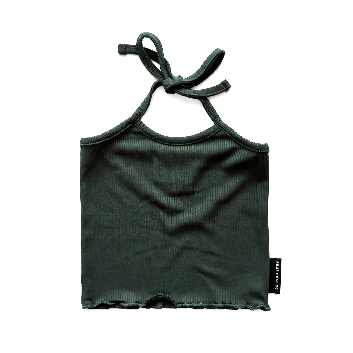 Dark green tank top with halter neck design on a white background
