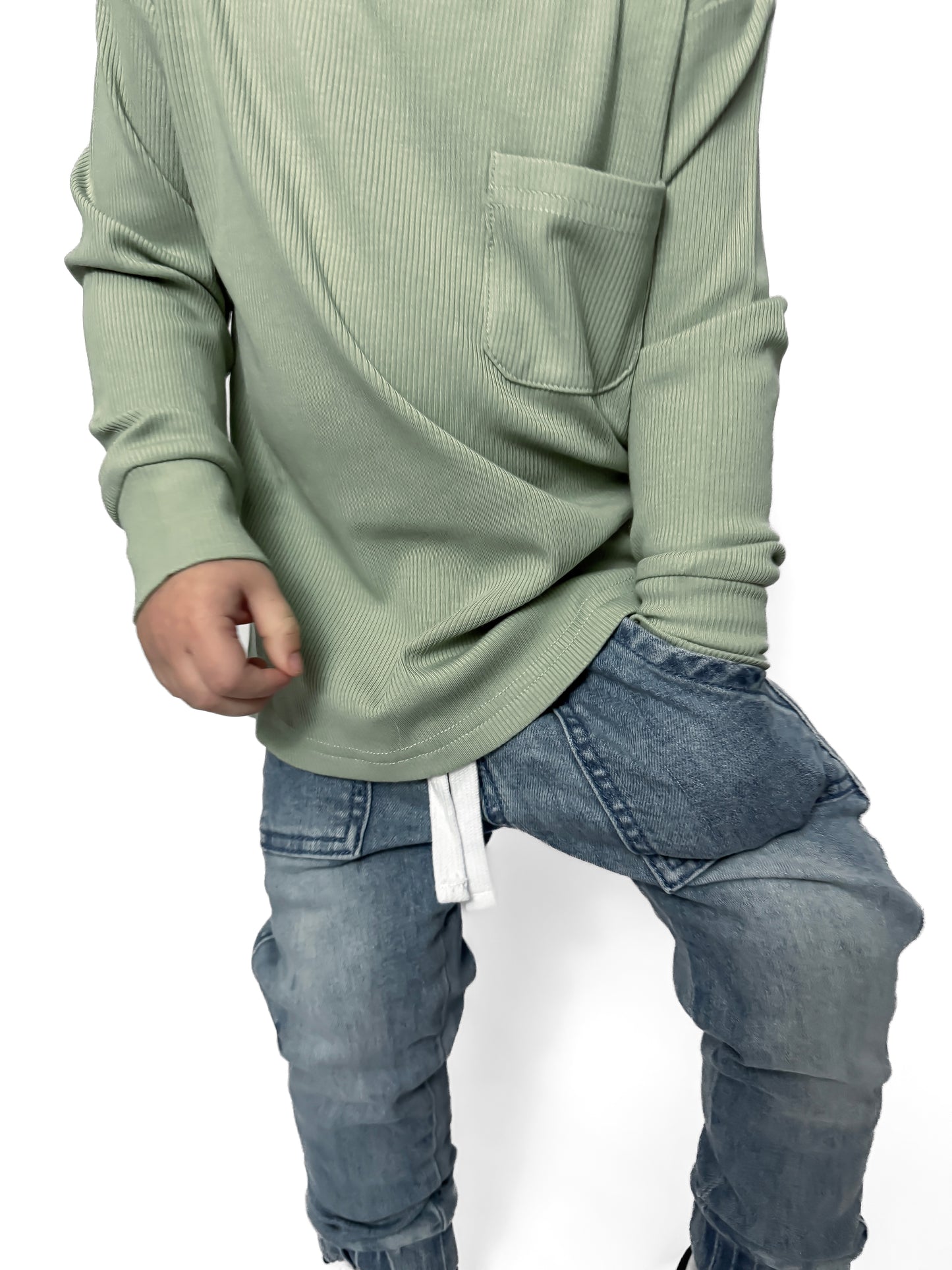 BAMBOO RIBBED LONG SLEEVE POCKET TEE - SAGE