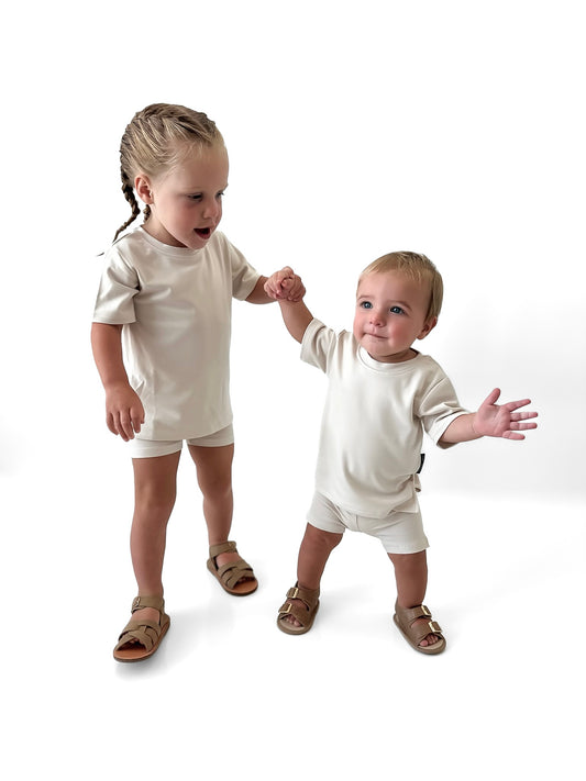 BAMBOO RIBBED BIKER SHORTS - MOONSTONE
