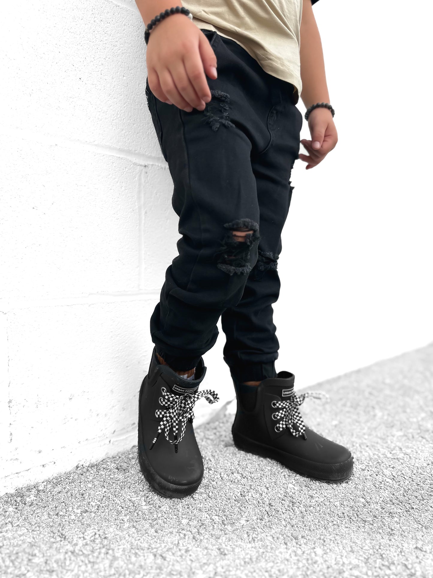 DISTRESSED DENIM CHINO JOGGERS - BLACK