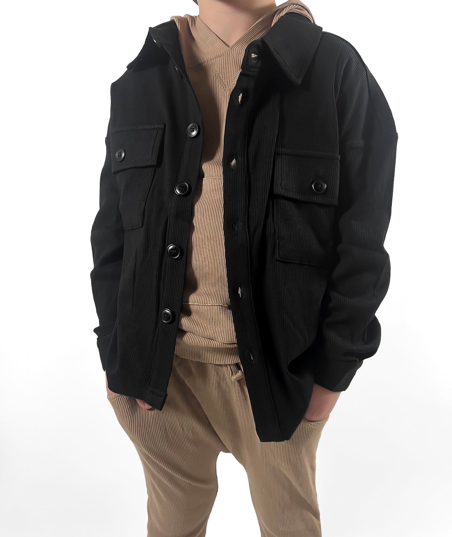 BAMBOO RIBBED BUTTON UP SHACKET - BLACK