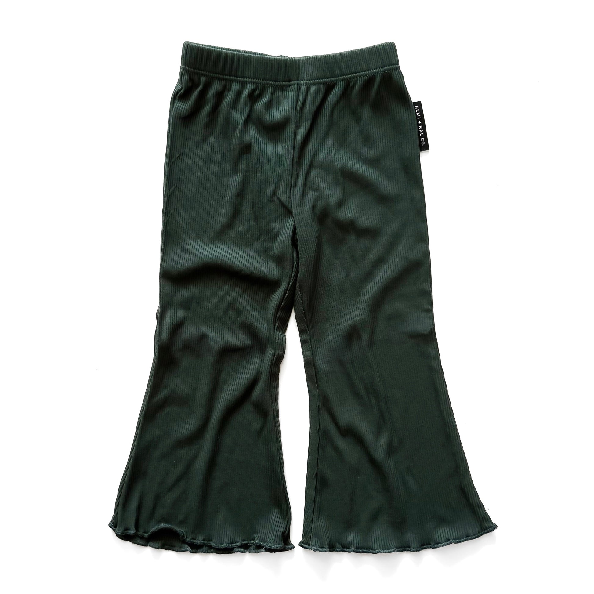 Dark green flare legging pants on a white background