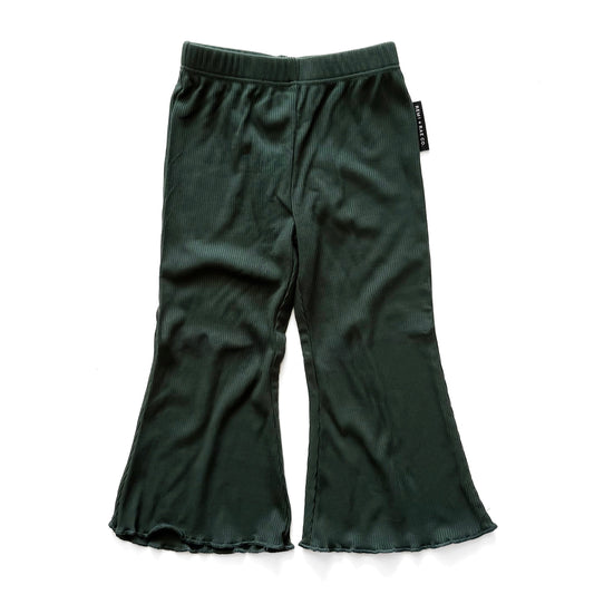 Dark green flare legging pants on a white background