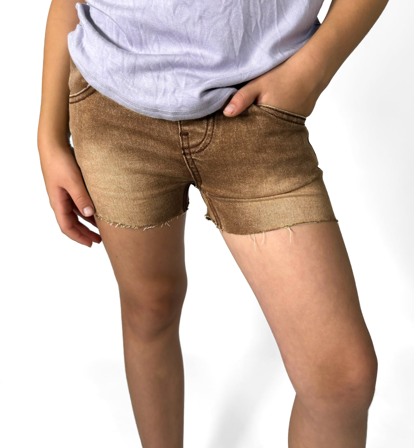 DENIM CUT OFF SHORTIES - CAMEL