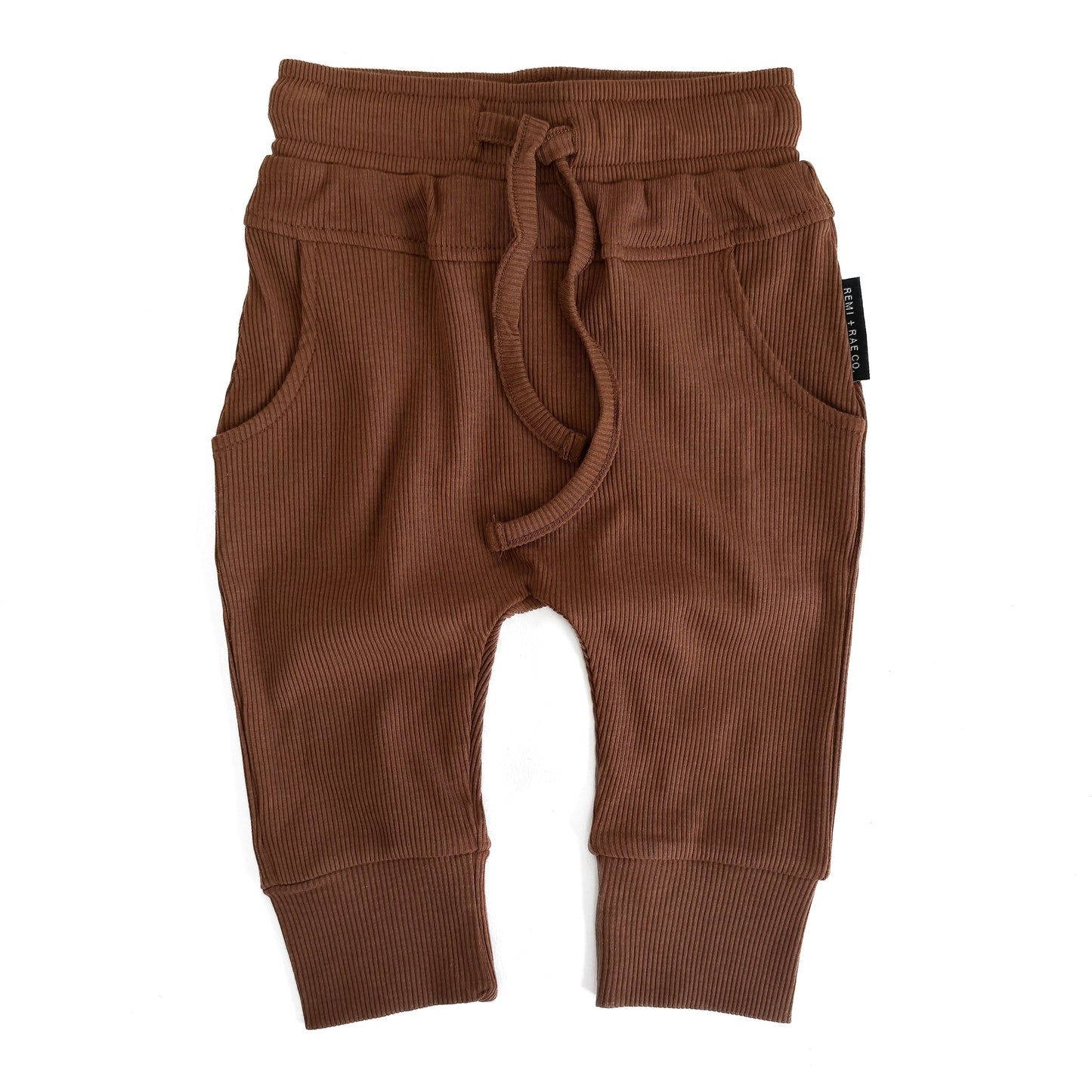 Brown baby pants with drawstring on a white background
