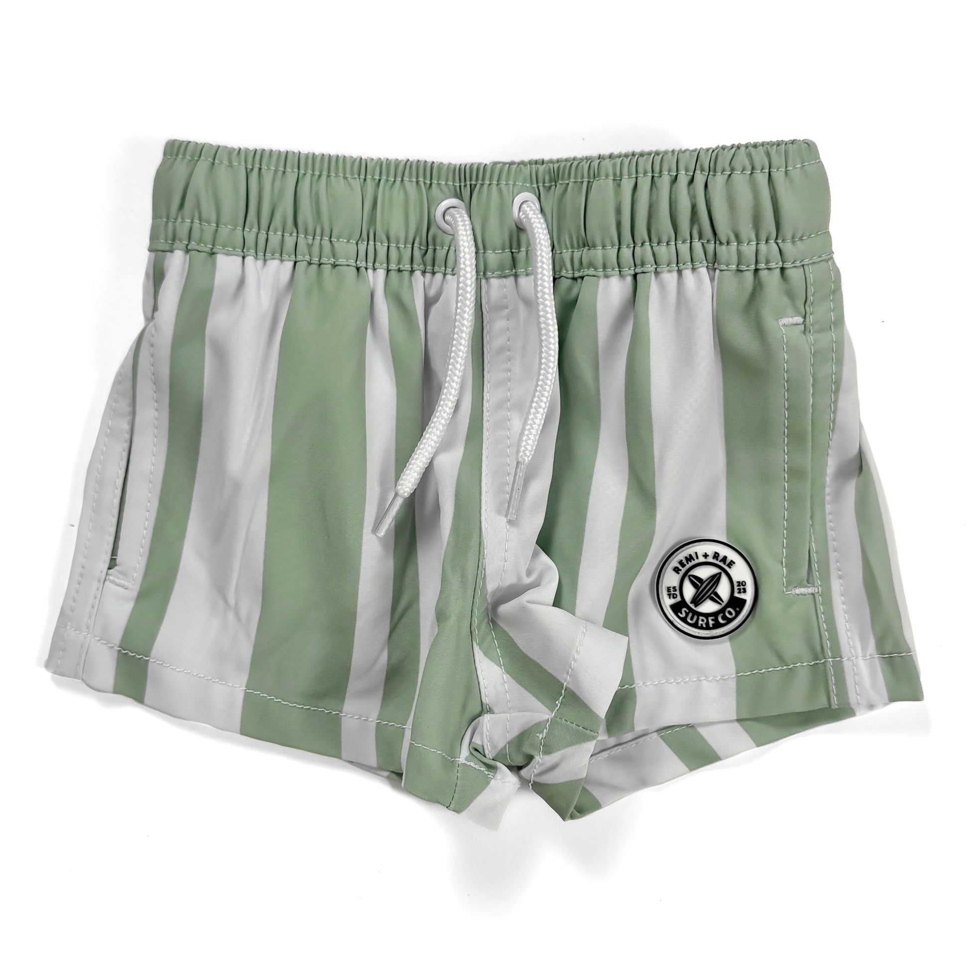GREEN AND WHITE STRIPED SWIM SHORTS